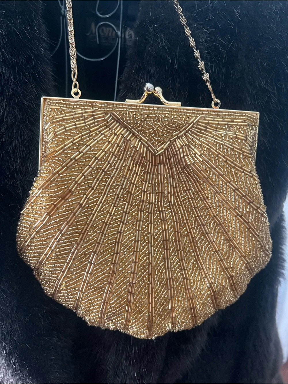Preston & York Gold Beaded Evening Bag Art Deco Clutch Chain Strap Gatsby Purse